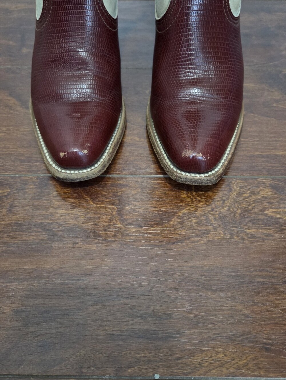 VTG Frye Boots Womens Two-Tone Red Lizard Leather Heeled Inlay Western Size 5.5 - Picture 5 of 13